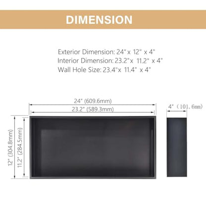 24×12 Stainless Steel Shower Niche,No Tile Required Shower Niche | Recessed Shower Niche,Stainless Steel, Matte Balck, Wall Mount Bathroom Storage,Easy to Install,Inner Size: 23.2" × 11.2" - color: Matte Black, size: 24W * 12H (Single Shelf)
