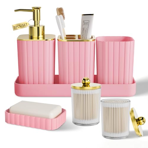 XLHOMO Bathroom Accessory Set - Gorgeous Bathroom Set, 7PC Pink Bathroom Set, Soap Dispenser, Toothbrush Holder, Qtip Holder Set, Bathroom Sets Complete, Bathroom Sink Set for Home Decor - style: Pink&Gold