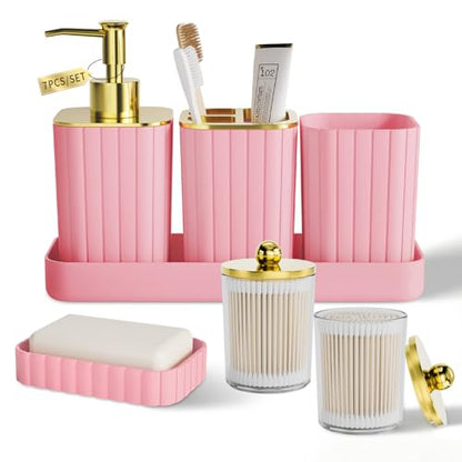 XLHOMO Bathroom Accessory Set - Gorgeous Bathroom Set, 7PC Pink Bathroom Set, Soap Dispenser, Toothbrush Holder, Qtip Holder Set, Bathroom Sets Complete, Bathroom Sink Set for Home Decor - style: Pink&Gold
