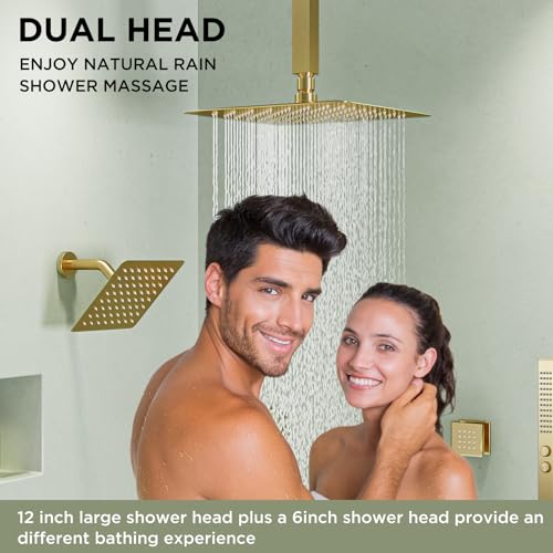 Shower System with 4 Body Spray Jets, STARBATH 4 Way 12 + 6"Rainfall Shower Head with Handheld Combo, Ceiling Mounted Shower Jets System in Wall Shower Faucet Set, Brushed Gold - color: Gold, size: 6"+12"-03