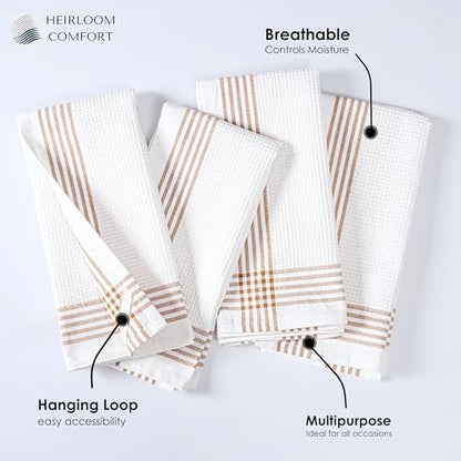 Brown and White Cotton Kitchen Towels 12 Pack, Waffle Weave, 16x26 Inch, Super Absorbent, Reversible, Quick Dry Dishcloths for Drying Dishes, Cleaning, Reusable, Everyday Use - color: Brown, White, style: 12 Pack