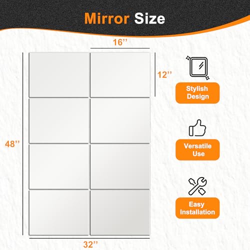 Frameless Mirror Tiles 16"x12"x8 Pcs Wall Mounted | Shatter Resistant, Full Length, Tempered Glass Panels, For Home Gym Bathroom Bedroom & Living Room Decor - size: 16''x12''-8PCS