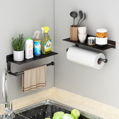 Wall Mount Paper Towel Holder with Shelf for Bathroom/Kitchen, Adhesive Hand Towel Holder, Matte Black - color: Black