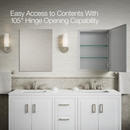 Kohler Embark Slim Medicine Cabinet Bathroom Mirror, 20in x 26in | 55062-NA, Rectangular, Adjustable Shelves for Storage, Mirrored Door - size: 20 in. x 26 in., style: Flat Edge