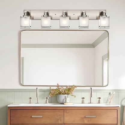 5-Lights Bathroom Vanity Light Fixtures, Modern Brushed Nickel Wall Sconce Lighting with Rectangular Frosted Glass Shades, E26 Bulb Base - color: Brushed Nickel, Frosted Glass, size: 5-Lights