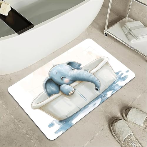 Bath Mat Rug,Happy Cute Elephant Non Slip Quick Dry Super Absorbent Thin Bathroom Rugs Fit Under Door-Easy to Clean Bathroom Floor Mats-Shower Rug for Shower Sink Bathtub(16" x 24"in) - color: Happy Cute Elephant, size: 1'4" x 2'(Rectangular)