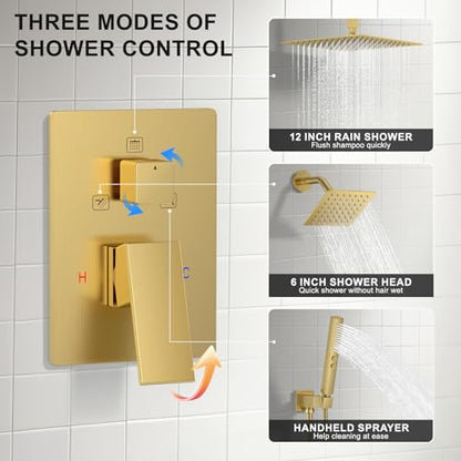 Rain Shower System 12" & 6" Dual Shower Heads Ceiling Shower Faucet Set | Ideal for bathroom remodels and upgrades with 12" rain shower, 6" angled shower, handheld spray and complete valve kit. - color: Brushed Gold, size: Ceiling Mounted - 12"+6" Shower