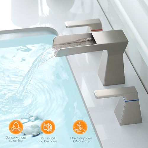 Brushed Nickel Waterfall Bathroom Faucet for 3-Hole Sinks 8 Inch Widespread Vanity Faucet with Modern Trapezoid Design, Two Handles, Pop-Up Drain & Hoses - color: C - Brushed Nickel