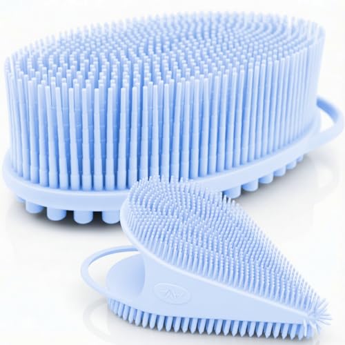 Avilana Premium Body Scrubber and Face Brush Set - Trusted Since 2017 - SGS Certified Silicone 2-in-1 Shower Kit, Dual Sided Gentle Exfoliating Loofah Alternative Sensitive Skin Women Men Gift - color: Blue, size: Body & Face