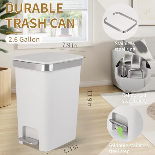 Small Bathroom Trash Can with Lid and 3 Rolls Trash Bags, Step Pedal Wastebasket Plastic Garbage Can with Pop-Up Lid 2.6 Gallon Bin for Kitchen, Bedroom, Office, Dorm, Laundry, Toilet, Rv, White - color: White