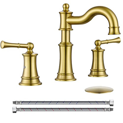 Roman Bathroom Sink Faucet 3 Holes Brushed Gold 2 Handle Widespread 8 inch Deck Mount Installation with Overflow Pop Up Drain Assembly and Water Supply Lines - color: Brushed Gold, style: 3 Hole Deck Mount