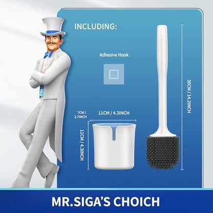 MR.SIGA Toilet Brush and Holder Wall Mounted, White, 1 Pack | Compact space saving toilet cleaner brush, scratch free thermoplastic rubber head, easy to clean and dry quickly - color: White