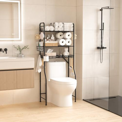 TETOTE Over The Toilet Storage Rack, 3-Tier Bathroom Organizer Shelf Over Toilet with Toilet Paper Roll Holder, Freestanding Metal Rack, Black