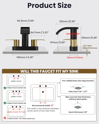 gotonovo 4’’ Centerset Bathroom Sink Faucet Waterfall Black&Brushed Gold | SUS304 Bathroom Faucet,2.17’’ Wide Spout,24’’ cUPC Water Line,Pop up Drain,2 Handle,Basin,Vanity,RV,Lavatory 2 or 3 Hole Sink - color: Black&Gold