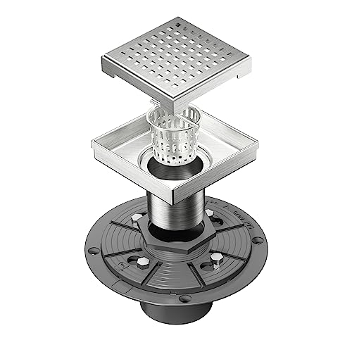 Neodrain 4-Inch Brushed Square Shower Drain with Quadrato Pattern Grate | 304 Stainless Steel, Floor Drain with PVC Shower Drain Base and Rubber Gasket for Bathroom,Includes Hair Strainer - color: Stainless, size: 4 In