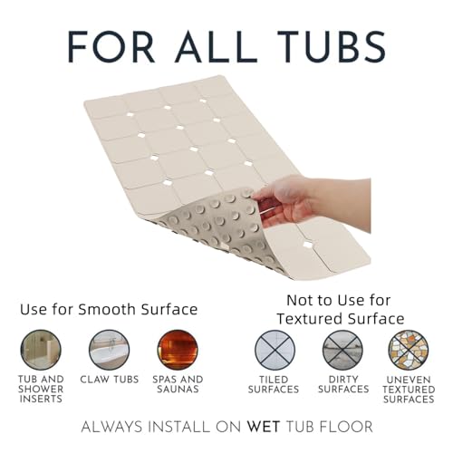 Bathtub Mat Non Slip 15" x 28" Silicone Foldable Tub Mat with Strong Suction Cups & Large Drain Holes, Durable & Eco-Friendly, for Smooth Surfaces, Ideal for Seniors, Adults Beige - color: Beige