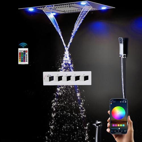 Cascada Classic Design 31 Inch (600mmx800mm) Large Rain Shower Set with Waterfall LED Rectangle recessed ceiling-mount 4 Function shower head (Polished Chrome) - color: Polished Chrome
