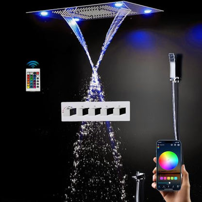 Cascada Classic Design 31 Inch (600mmx800mm) Large Rain Shower Set with Waterfall LED Rectangle recessed ceiling-mount 4 Function shower head (Polished Chrome) - color: Polished Chrome