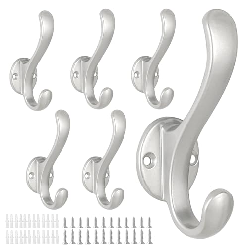 6 Pack Coat Hooks Wall Mount Heavy Duty Utility Retro Double Hooks for Hanging Coats,Hat, Towel, Key, Robe, Scarf, Bag, Cap (Silver) - color: 6 Pack-Silver