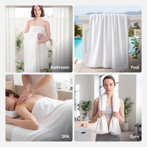 ecolook Soft Bath Towels 2 Pack, 100% Cotton Ultra Absorbent & Quick-Drying | Luxury Lightweight with Hanging Loop, White towels for Bathroom Shower Gym Travel - color: White