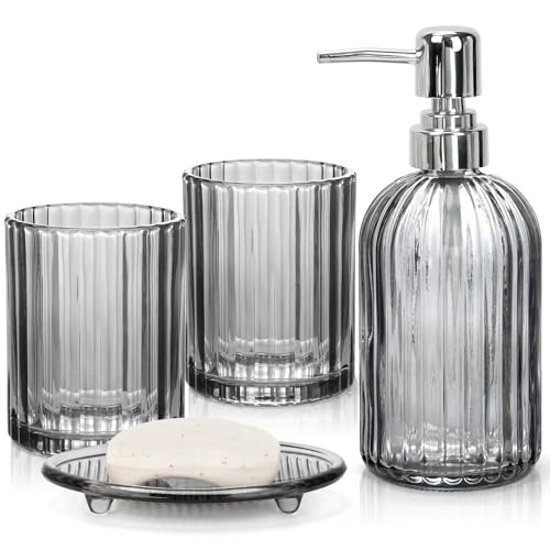 Bathroom Accessories Set, 4Pcs Black Grey Glass Bathroom Accessories Sets Complete Lotion Soap Dispenser, Toothbrush Holder, Mouthwash Cup, Soap Dish for Bathroom Decor, Countertop Organizer - color: Black Grey