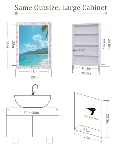 20"x26" Hand-Inlaid Natural Shell White Medicine Cabinet Mirror for Bathroom, Bedroom, Living Room, Entryway, Easy to Install Left or Right Opening Bathroom Wall Cabinet Recessed and Surface Mount - color: 20"x26"-white