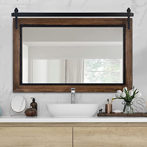 YOSHOOT Farmhouse Barn Door Mirror, 48"x30" Rustic Bathroom Mirror, Wood Frame Wall Mirror, Wooden Mirror for Living Room Bedroom Entryway Wall Décor, Horizontal Hanging ONLY - color: Brown, size: 48"L x 30"W