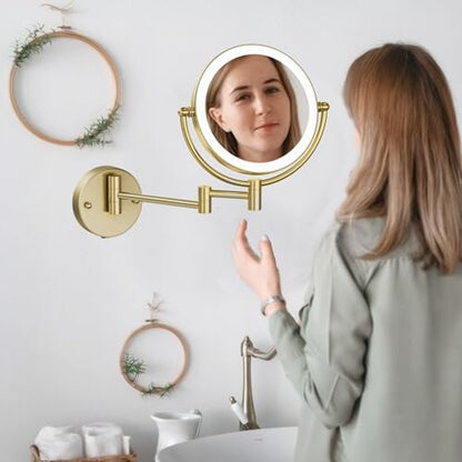 8" Lighted Wall Mounted Makeup Mirror 1X/10X Magnification Gold | Rechargeable, 2 Sided, 3 Color LED with Touch Dimming, 360 Swivel Extendable Arm Vanity Shaving, Brushed Moderne Brass - color: Brushed Moderne Brass