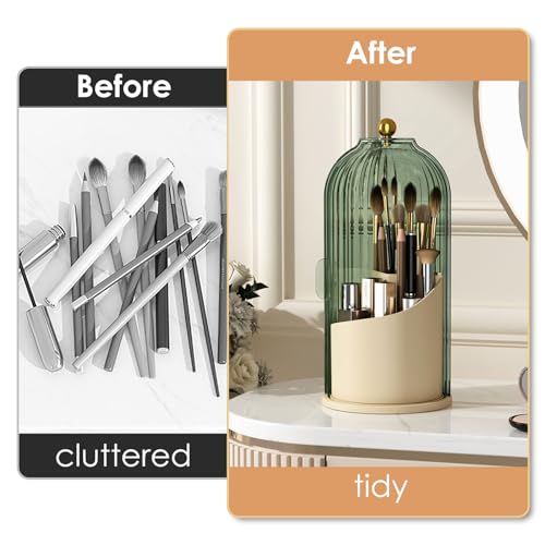 YOOLENS Makeup Brush Holder with Lid 360 Rotating Clear Dustproof Make Up Organizers for Vanity Bathroom Countertop, Green Beige - color: Green/Beige