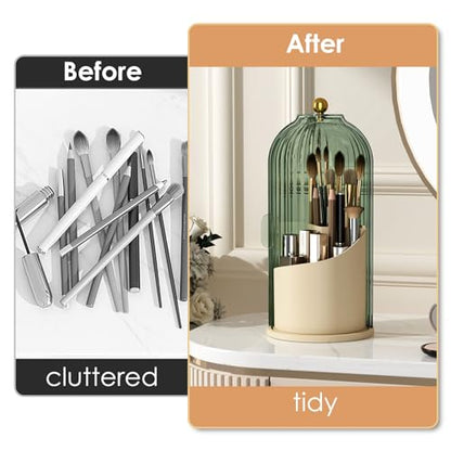 YOOLENS Makeup Brush Holder with Lid 360 Rotating Clear Dustproof Make Up Organizers for Vanity Bathroom Countertop, Green Beige - color: Green/Beige