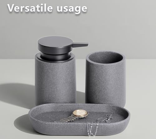 Clasin Home 3 Pcs Bathroom Accessories Set, Liquid Soap Dispenser with Large Pump, Toothbrush Holder Cup and Soap Dish, Sandstone Texture Bathroom Counter Set for Modern Home (Gray) - color: Gray