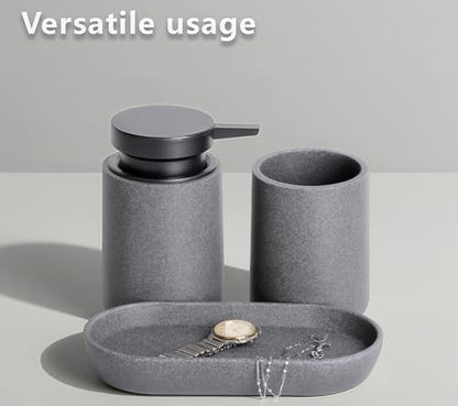 Clasin Home 3 Pcs Bathroom Accessories Set, Liquid Soap Dispenser with Large Pump, Toothbrush Holder Cup and Soap Dish, Sandstone Texture Bathroom Counter Set for Modern Home (Gray) - color: Gray