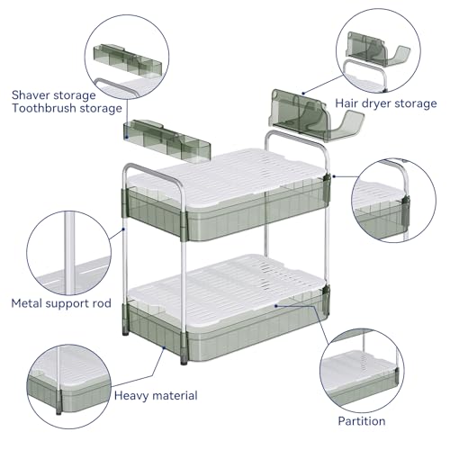 Bathroom Counter Organizer, 2 Tier Makeup Skincare Storage Tray with Hair Dryer Holder and Toothbrush Rack, Perfume Organizer Vanity Shelf for Countertop, Dresser (Transparency Green)