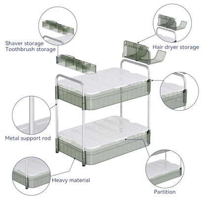 Bathroom Counter Organizer, 2 Tier Makeup Skincare Storage Tray with Hair Dryer Holder and Toothbrush Rack, Perfume Organizer Vanity Shelf for Countertop, Dresser (Transparency Green)