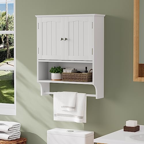 Smuxee White Bathroom Cabinet Wall Mounted with Towels Bar, Bathroom Medicine Cabinet with 2 Door Adjustable Shelves, Over Toilet Cabinet for Bathroom Laundry Room Kitchen - color: White Big With Towels Bar