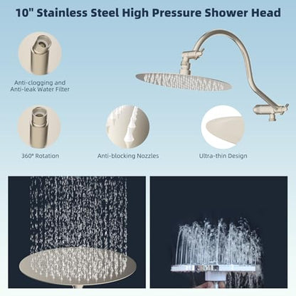 Hibbent All Metal CUPC Certified Shower Head, 10'' High Pressure Rainfall Shower Head, Handheld Showerhead Combo with 12'' Adjustable Extension Arm, 10-Spray, 71'' Hose, Shower Holder, Brushed Nickel - color: Brushed Nickel, style: Round 10''