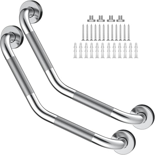 16 Inch Angled Grab Bar 2 Pack, ZUEXT Anti Slip Shower Grab Bar Handles,Chrome Stainless Steel Knurled Bathroom Balance Bar, Safety Hand Rail Support,Handicap Elderly Injury Senior Assist Bath Handle - color: Chrome, size: 16 Inch - 2 Pack