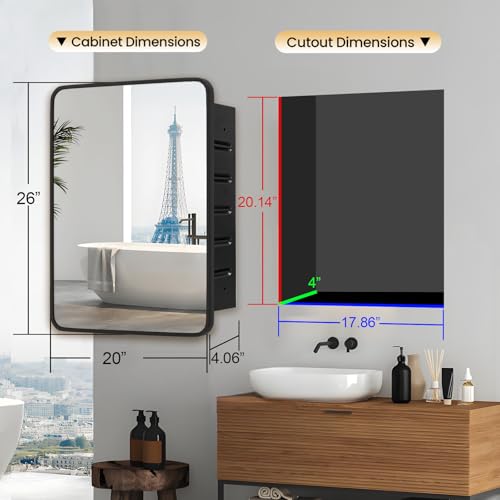 Black Medicine Cabinet 20x26 inch, Bathroom Mirror with Storage, Recessed or Wall Mounted Farmhouse Cabinets, Metal Framed Adjustable Shelves, One Door Open Left or Right - size: 20x26