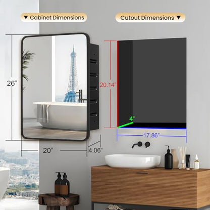 Black Medicine Cabinet 20x26 inch, Bathroom Mirror with Storage, Recessed or Wall Mounted Farmhouse Cabinets, Metal Framed Adjustable Shelves, One Door Open Left or Right - size: 20x26