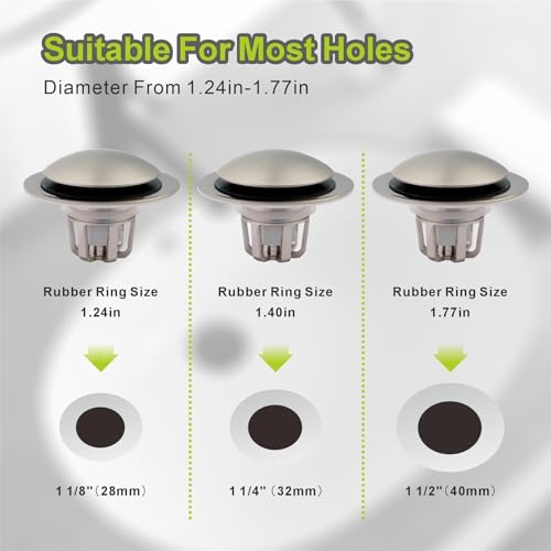 Pop Up Sink Drain Stopper Hair Catcher - Brushed Nickel 1 Pack | Satin nickel strainer replacement, Fits 1-1/8 & 1-1/2 drains, Anti clog hair catcher, Quick pop up seal, Push button gaskets. - color: Brushed Nickel