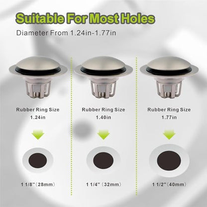 Pop Up Sink Drain Stopper Hair Catcher - Brushed Nickel 1 Pack | Satin nickel strainer replacement, Fits 1-1/8 & 1-1/2 drains, Anti clog hair catcher, Quick pop up seal, Push button gaskets. - color: Brushed Nickel