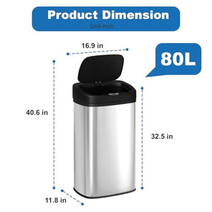 22 Gallon/80 Liter Kitchen Trash Can Motion-Sensor Garbage Can with Lid | Automatic Mute Waste Bin Waterproof Wastebasket for Office,Caravans,Bedroom'Bathroom,Stainless Steel