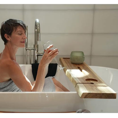 EcoDecors Eleganto 50" Live Edge Solid Teak Bath Caddy Tray with Handle, Book & Tablet Holder, Wine Glass Holders, Luxury Bathtub Tray - style: 50" Live Edge