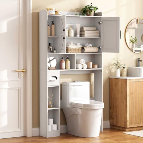 Vabches Over The Toilet Storage Cabinet with 2 Barn Doors, White | Toilet Paper Holder Stand，Home Space-Saving Toilet Rack, for Bathroom, Restroom, Laundry - color: White