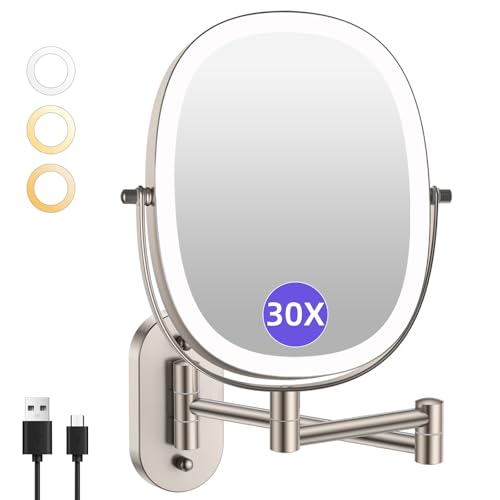 FUNTOUCH 5000mAh Rechargeable Wall Mounted Lighted Makeup Mirror,Nickel | Double Sided 30X/1X Magnifying Mirror Wall Mounted,Extended Arm 360°Rotation,Touch Dimmable,3 Color Lights for Bathroom - color: 30x Brush Nickel