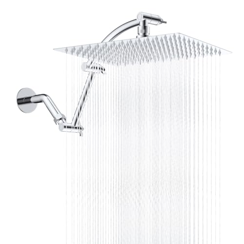 Hibbent All Metal 12'' Rain Shower Head with 16'' Extension Arm, Chrome | cUPC Certified High Pressure Rainfall Showerhead with Solid Brass Adjustable Shower Head Extension Arm, Fixed Showerheads - color: Chrome, style: Square 12''
