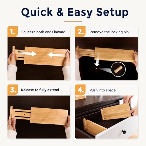 Fabsome Drawer Divider 6 Pack, Bamboo Dresser Organizers for Clothes Socks Underwear Baby Clothing, Wooden Separators for Nursery Organization Adjustable from 12.5'' to 17'' with Soft Foam Ends - size: For 13-17in deep drawers inner size