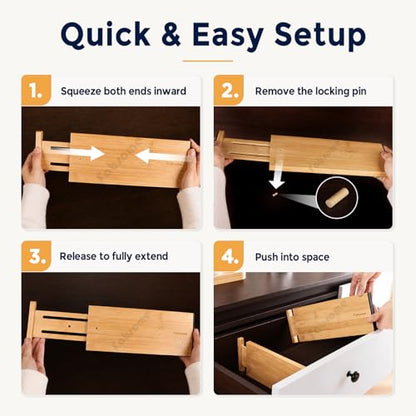 Fabsome Drawer Divider 6 Pack, Bamboo Kitchen Dividers Organizers Adjustable 17''-22'', Wooden Dresser Separators for Nursery Organization Clothes Socks Underwear Baby Clothing, with Soft Foam Ends - size: For 17-22in deep drawers inner size