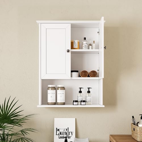 Medicine Cabinet, Over The Toilet Storage Cabinet, 24x30 Inch Wall Mount Bathroom Storage Cabinet with 2 Doors & Adjustable Shelf, Wooden Bathroom Wall Cabinet, White - color: White&silver