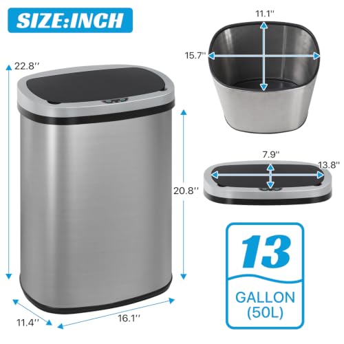 Kitchen Trash Can | Stainless Steel 13 Gallon Trash Can | 50L Touch Free Garbage Can with Lid | Electronic Sensor High Capacity Trash Bin for Bathroom Kitchen Office, Silver - color: Silver
